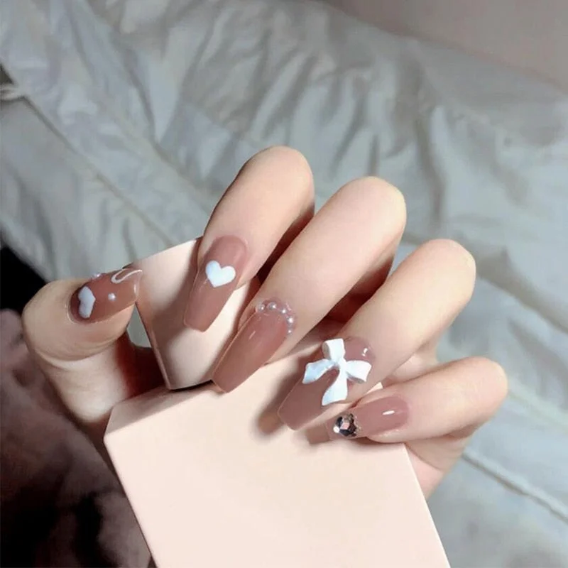 24pcs French Ribbon Decor White False Nails Pearl Crystal Design Press On Nail Mid Length Stiletto Manicure Patch False Nails-Nail Inspo