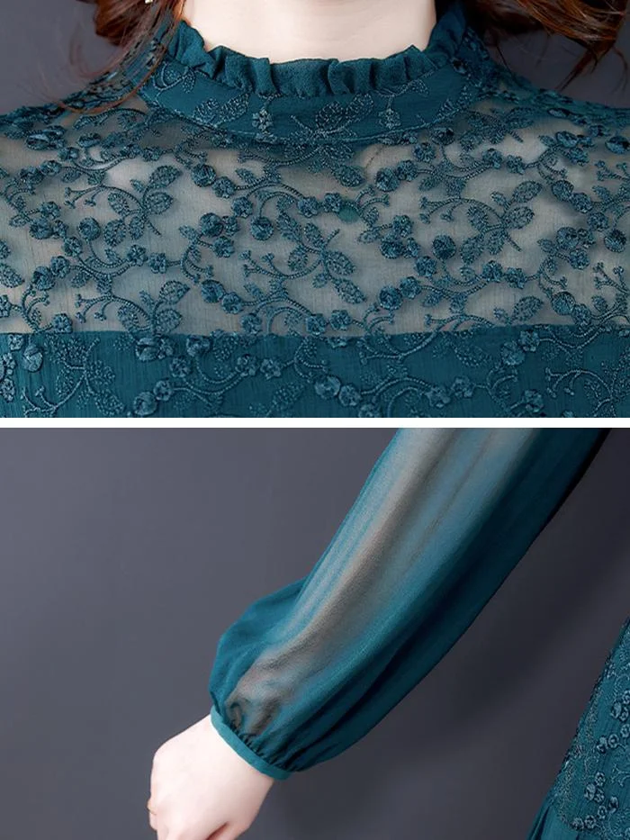 Stand-up Collar Lace Waist Embroidered Silk Dress