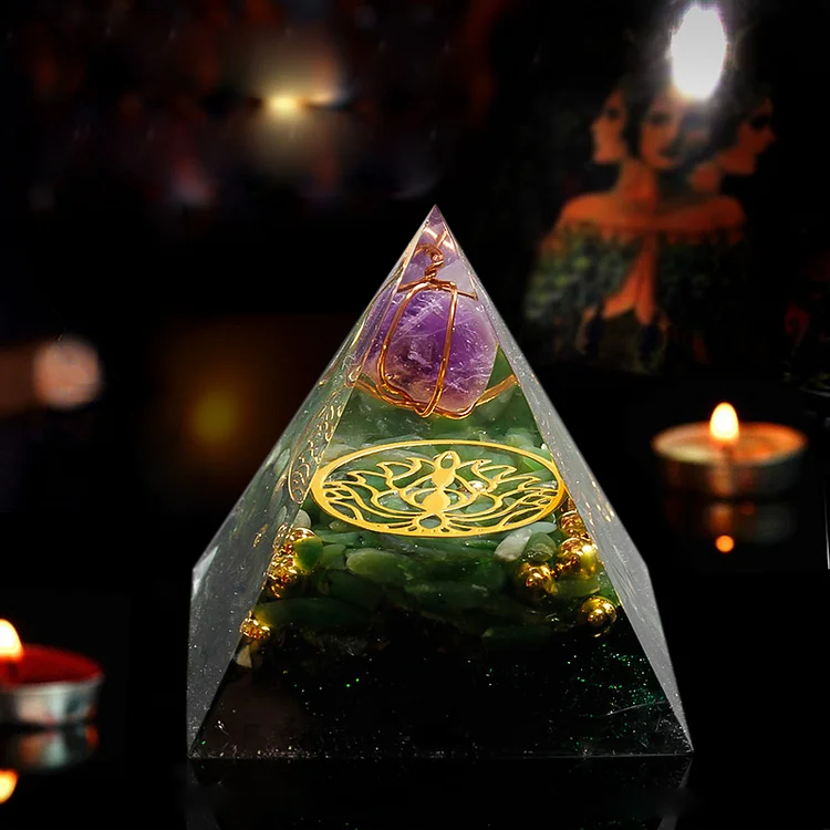 Olivenorma Green Aventurine with Amethyst Healing Orgone Pyramid