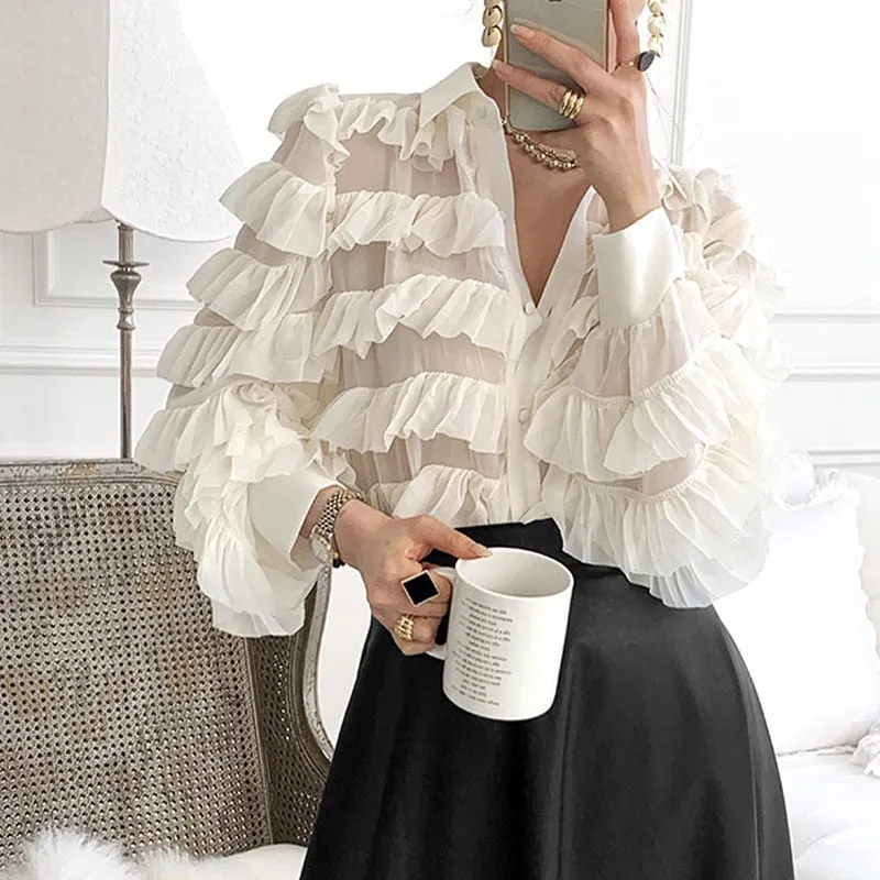 New Spring Korean Ruffles Blouse Women Turn Down Collar Long Sleeve Tops Loose Heavy Work Cupcake Ol Shirt Feminino Blusas 13336