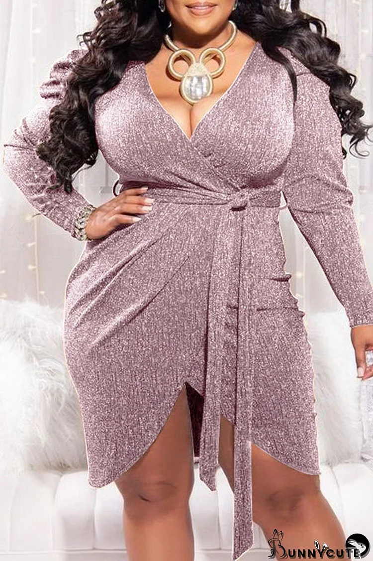Light Purple Sexy Solid Split Joint With Belt Asymmetrical V Neck Irregular Dress Plus Size Dresses