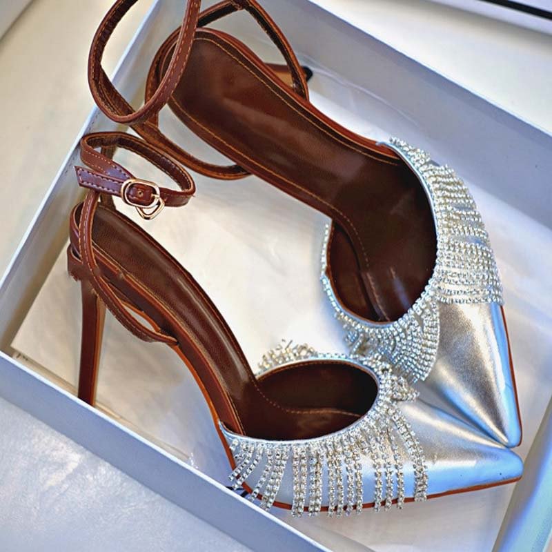 European and American pointed toe rhinestone fringed women's sandals women's high heels