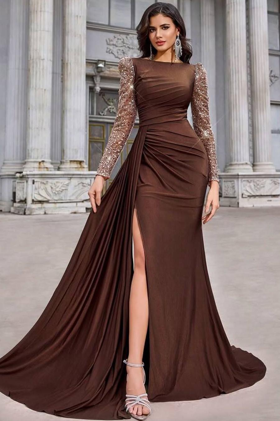 Lussooy Exquiste Satin Brown Long Sleeves Beaded Slim Pleated Prom Dress with Split 