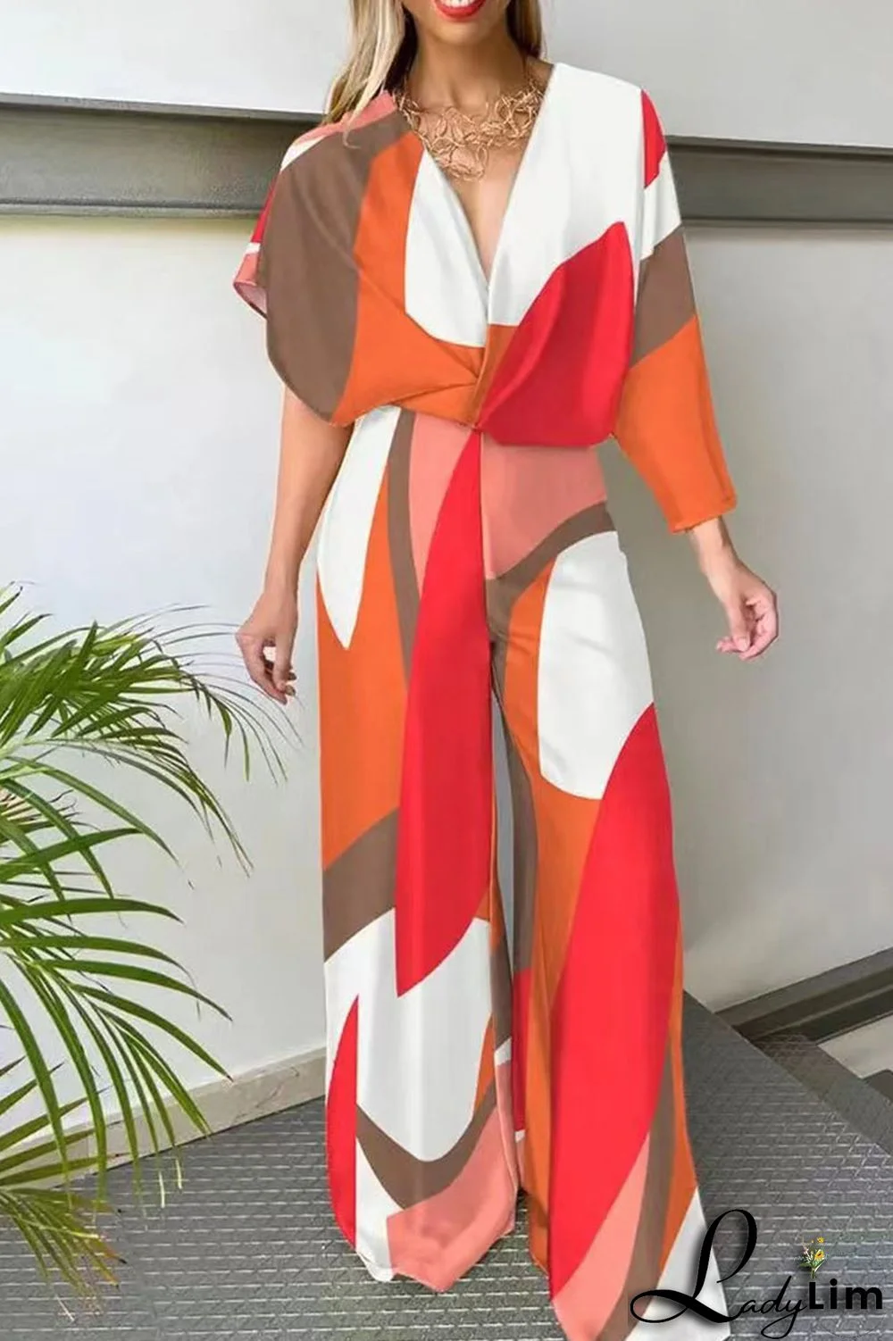 Red Casual Print Patchwork Asymmetrical V Neck Straight Jumpsuits