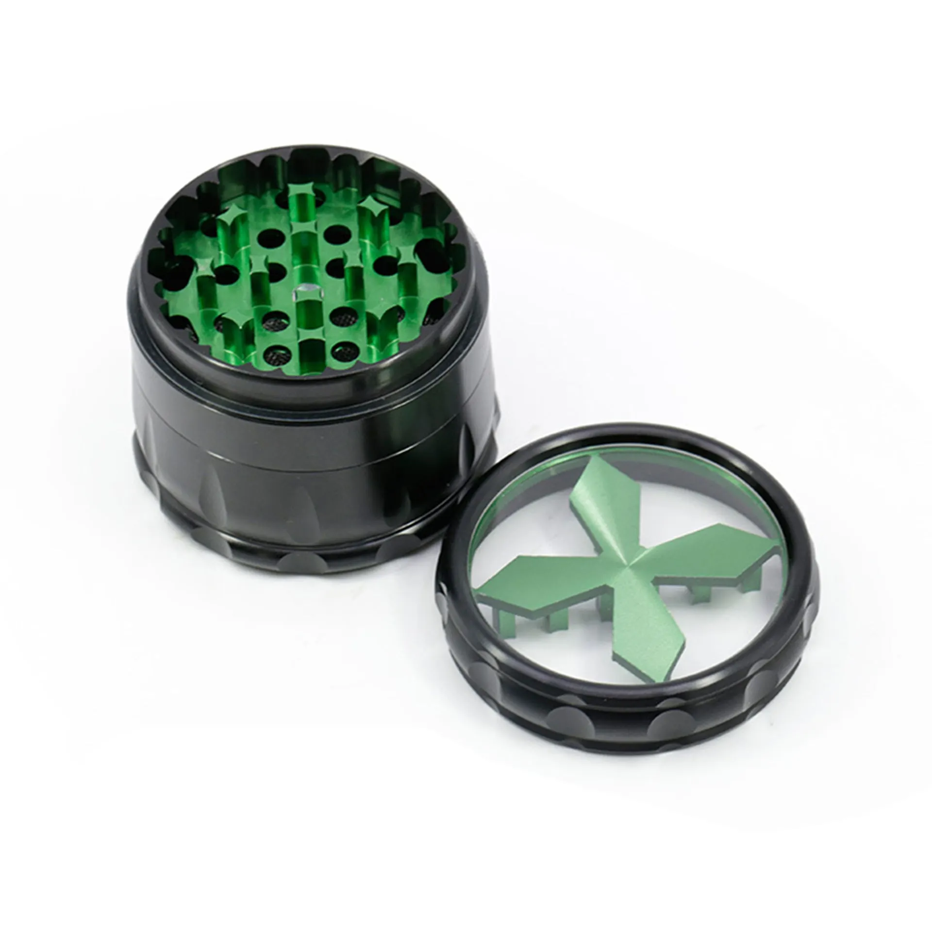 Transparent Cross-Shape Chamfer Drum-Shape 4 layer Aluminium Alloy Herb Grinder-Green Color