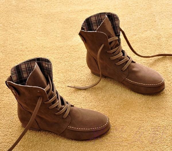 GOOSHOE Autumn Solid Color Lace Up Flat Short Boots