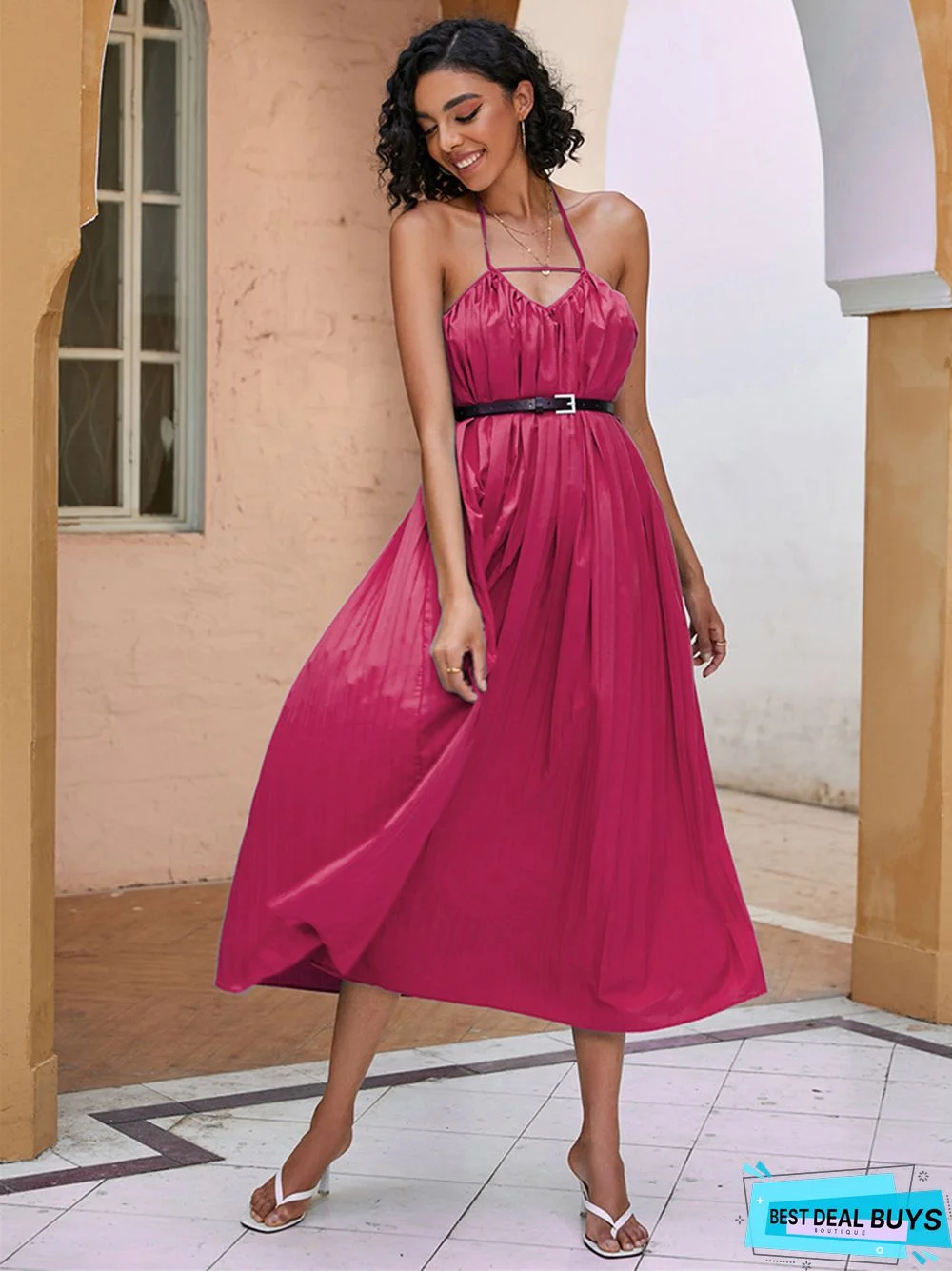 Summer Solid Color Pleated Waist and Neck Dress Black Dresses