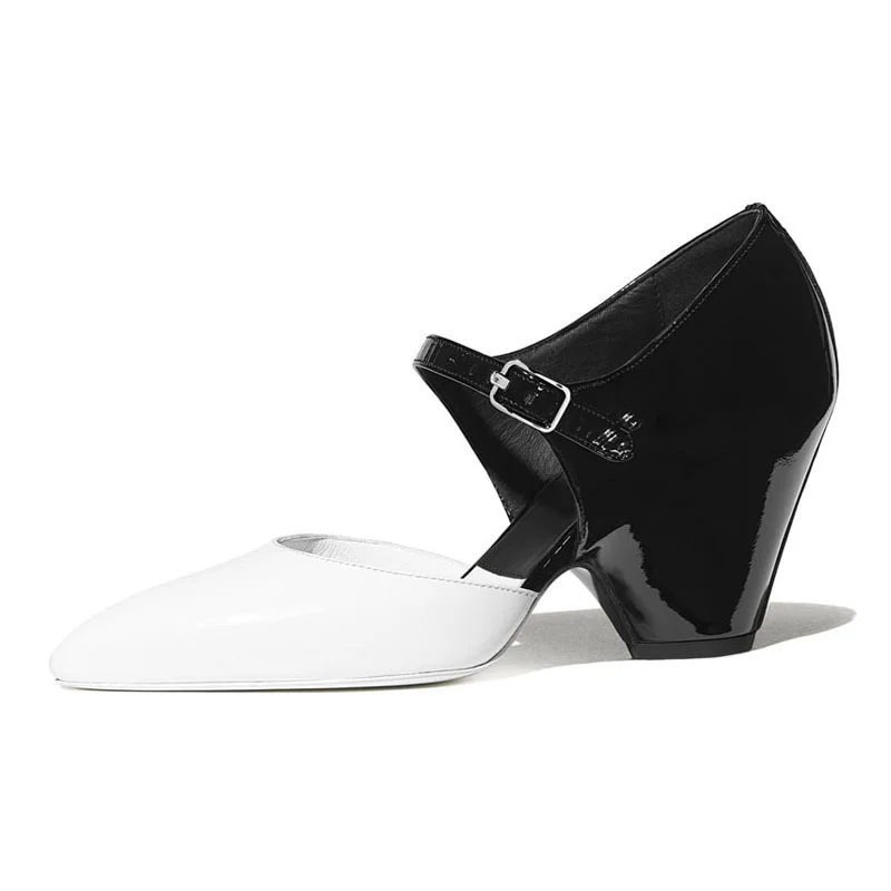 Women's Pointed Toe Flat Strap Heels and Pumps Patent Leather Color Matching Vintage Shoes Novameme