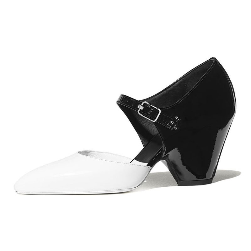 Women's Pointed Toe Flat Strap Heels and Pumps Patent Leather Color Matching Vintage Shoes Novameme