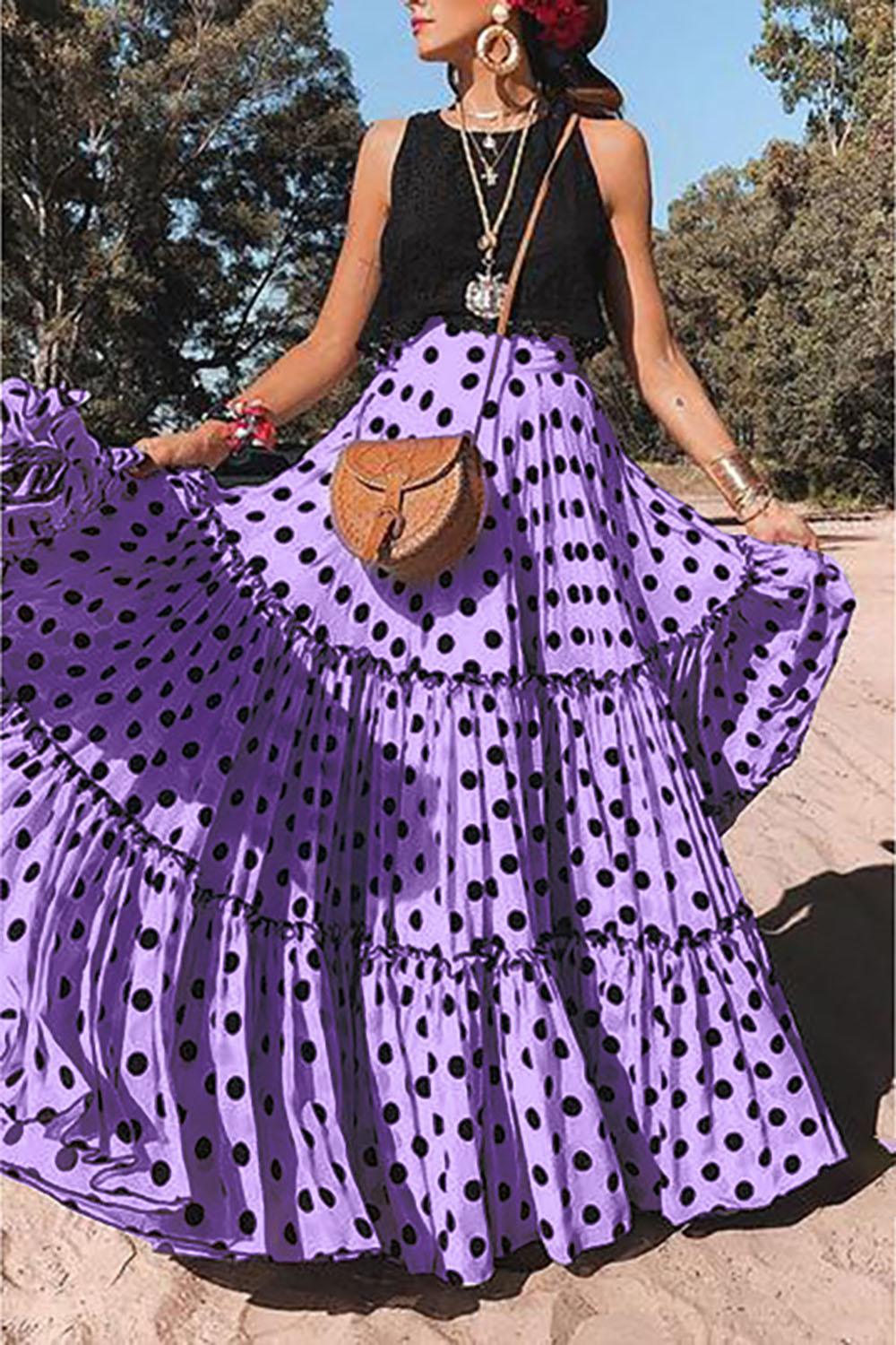 Plus Size Vacation Skirt Purple Polka Dot Layered Skirt
