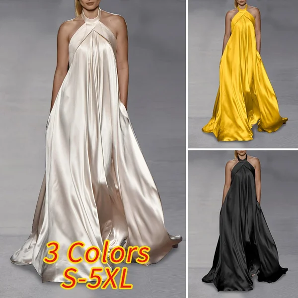Women Fashion O Neck Pleated Long Maxi Dresses Solid Color Sleeveless Strap Baggy Vestido S-5Xl