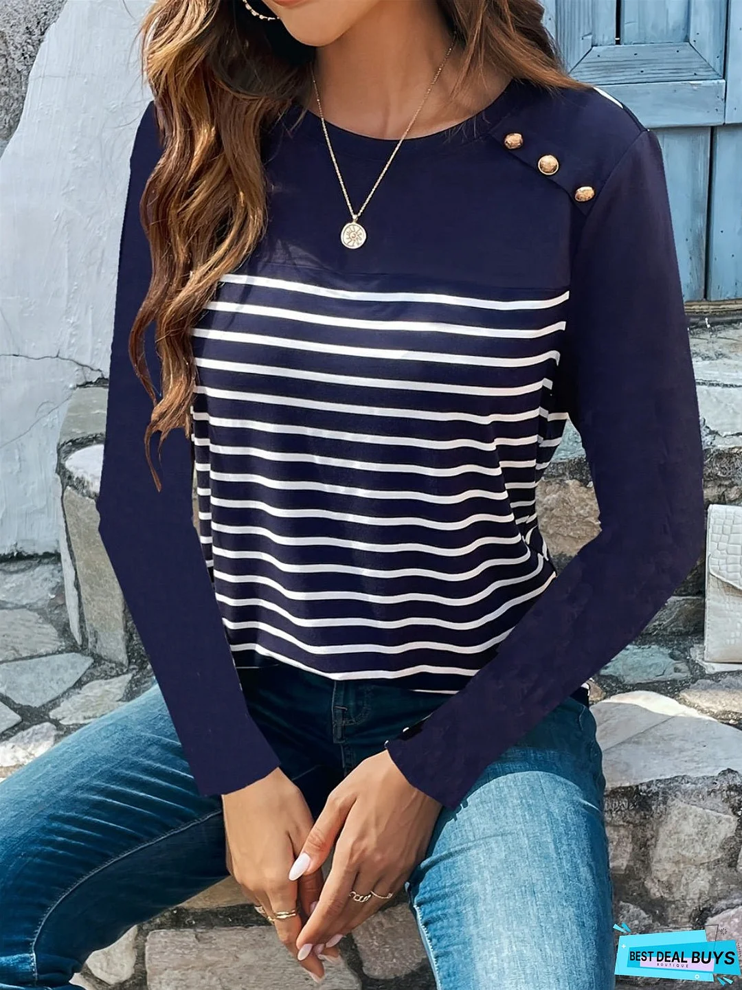 Decorative Button Striped Round Neck Long Sleeve T-Shirt