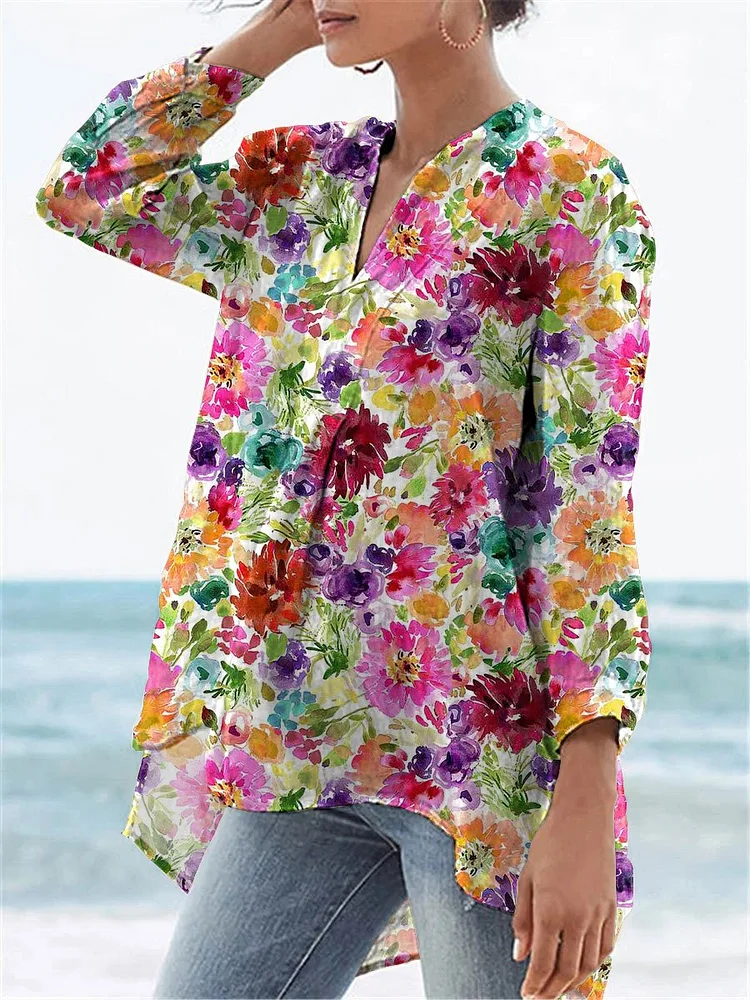 Lovely Watercolor Summer Floral Printed Women's Casual Linen V-neck Shirt