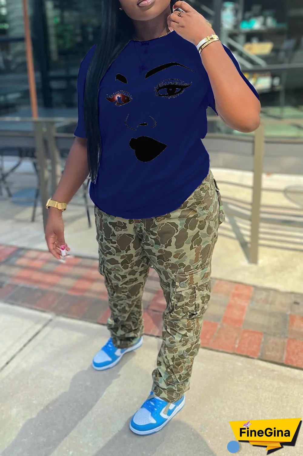 Navy Blue Casual Street Print Patchwork O Neck T-Shirts