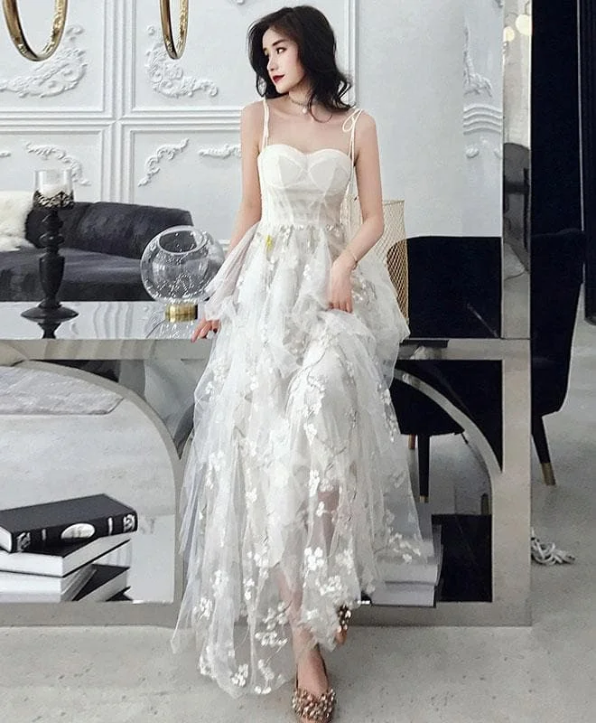 White Tulle Lace Long Prom Dress, White Tulle Lace Evening Dress
