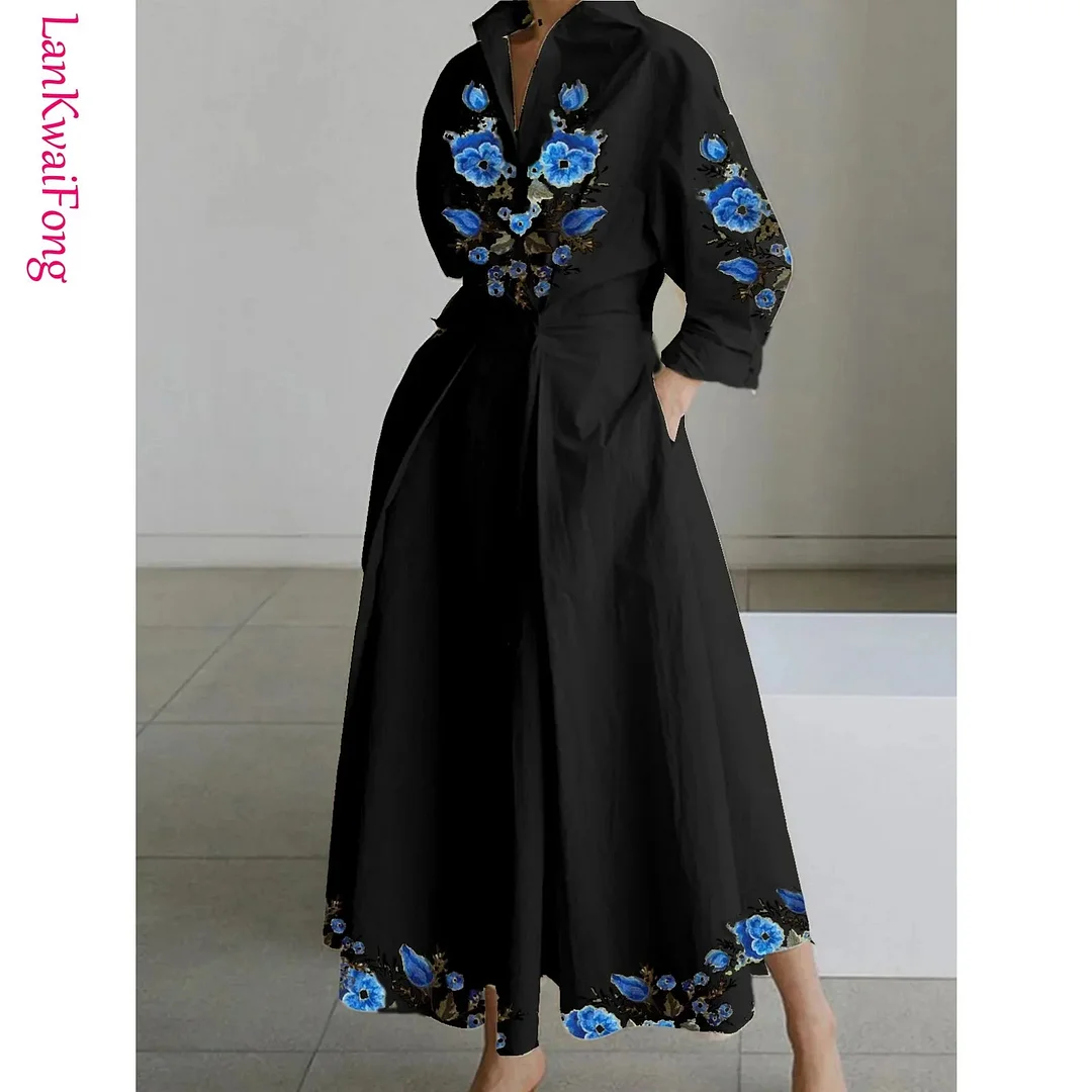 Tlbang New Autumn and Winter Fashion Printed Shirt Dress Office Casual Long Sleeve Button High Waist Loose A-Line Dress