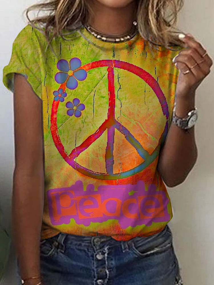 Colorful Rainbow Peace Sign Print T-shirt socialshop