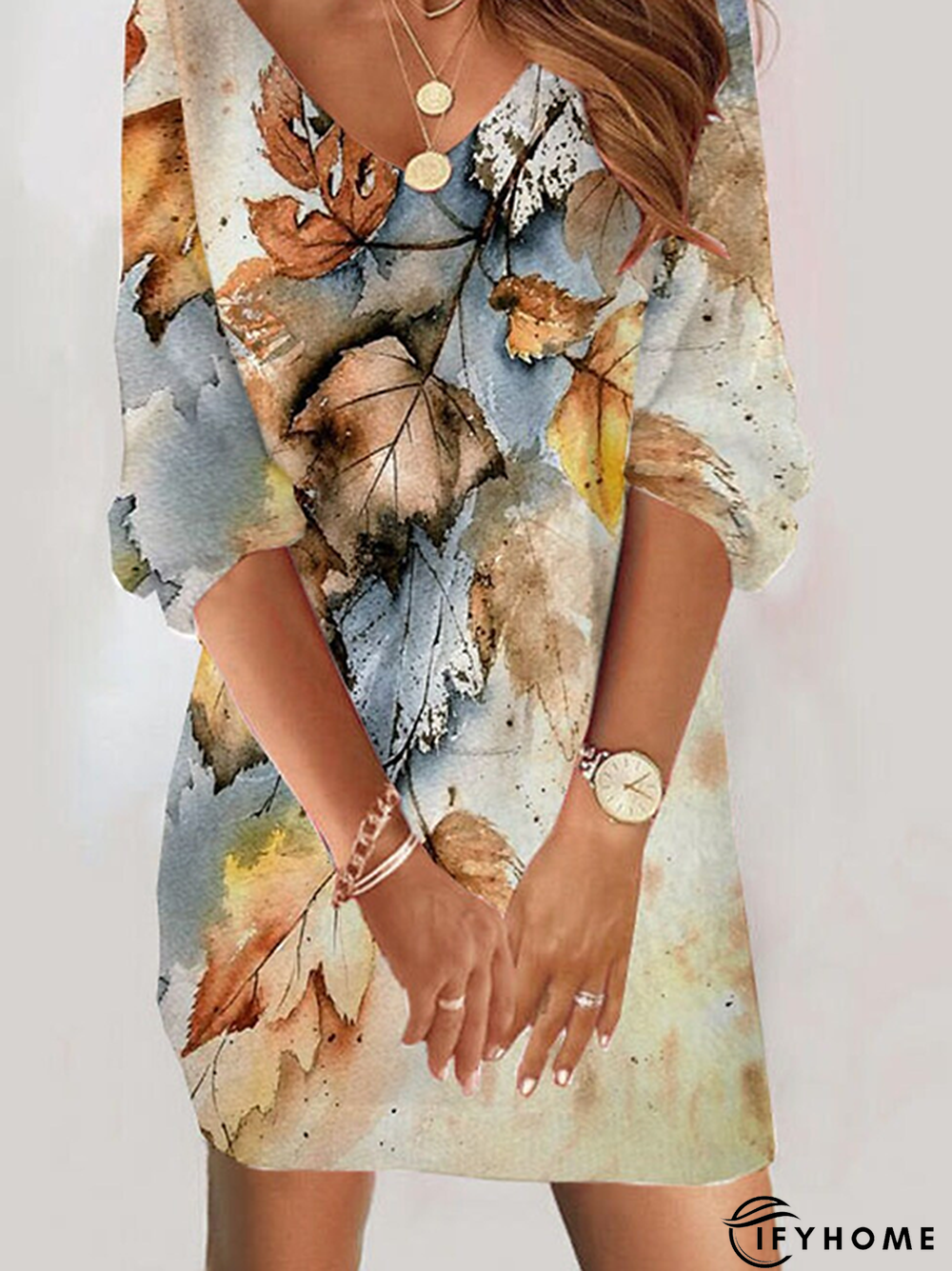 Leaf V Neck Casual Dress | IFYHOME