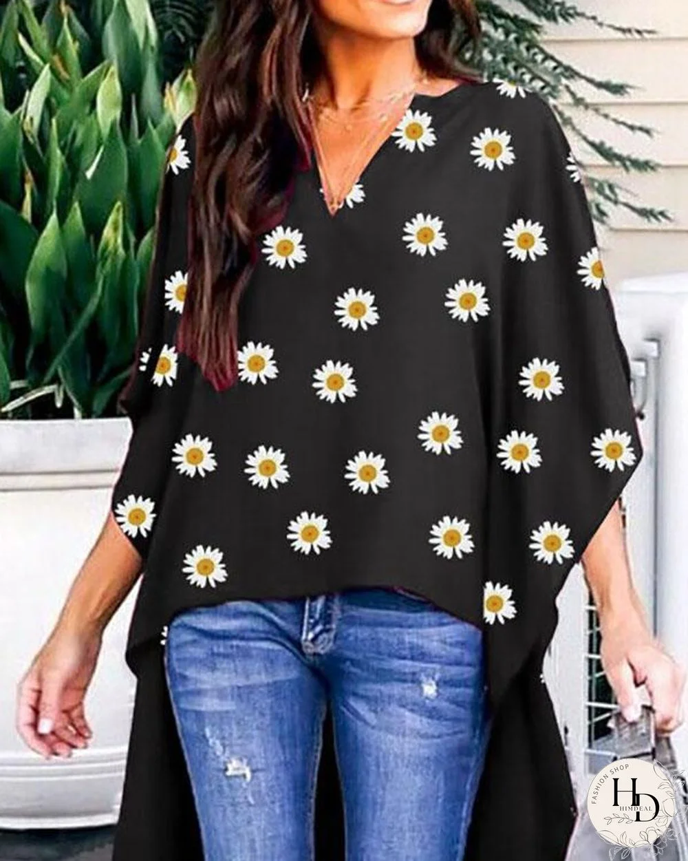 V Neck Floral Shift Half Sleeve Shirts & Tops
