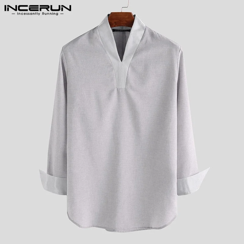INCERUN Men Shirt Streetwear V Neck Long Sleeve Patchwork Fitness Vintage Casual Shirts Men Indian Clothes Plus Size 2022