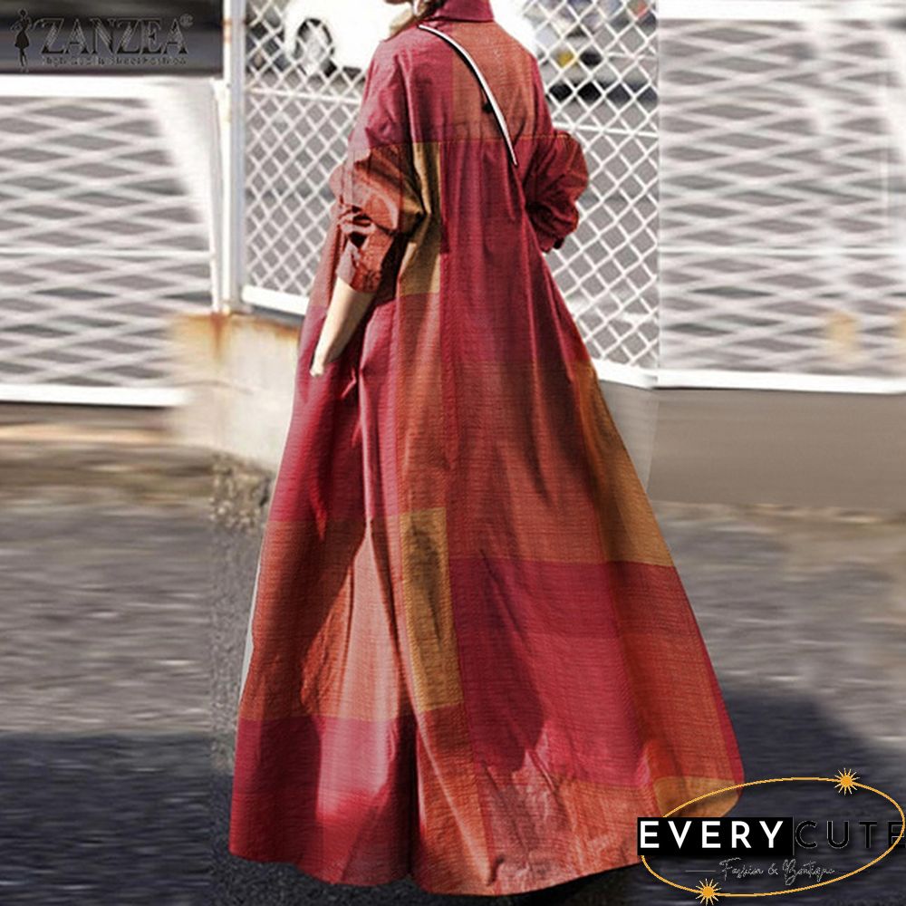 Women Kaftan Full Sleeve Length Oversize Ladies Casual Plaid Check Maxi Shirt Dress Plus Size
