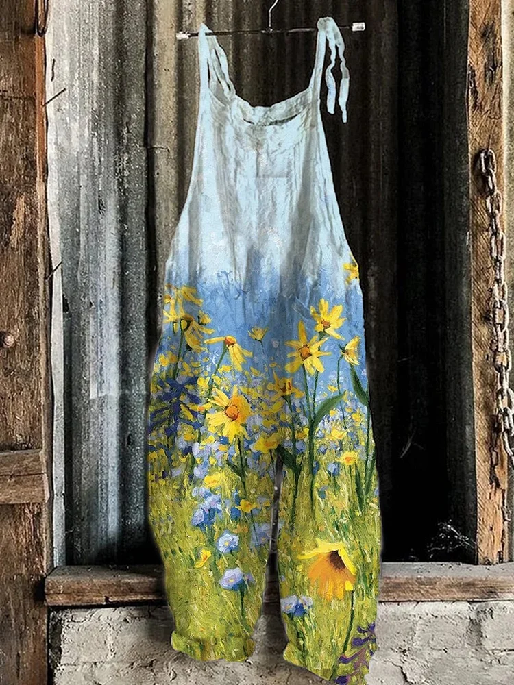 Sunflower Print Sleeveless Casual Jumpsuit
