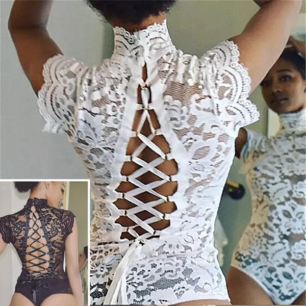 Fashion Women Sleeveless Lace Jumpsuit Lace Up Backless Hollow BodySuit Lace Bodycon Romper