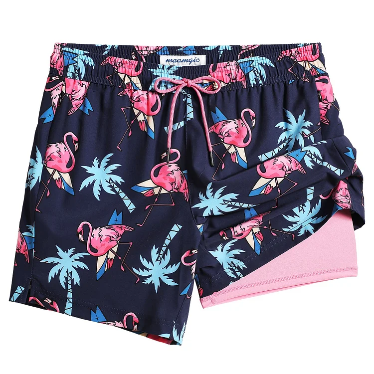 5.5 Inseam 2 in 1 Stretch Short Liner Navy Flamingo Swim Shorts
