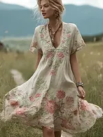 Bohemian Retro Countryside Style Plant Flower Design Women's Linen Dress