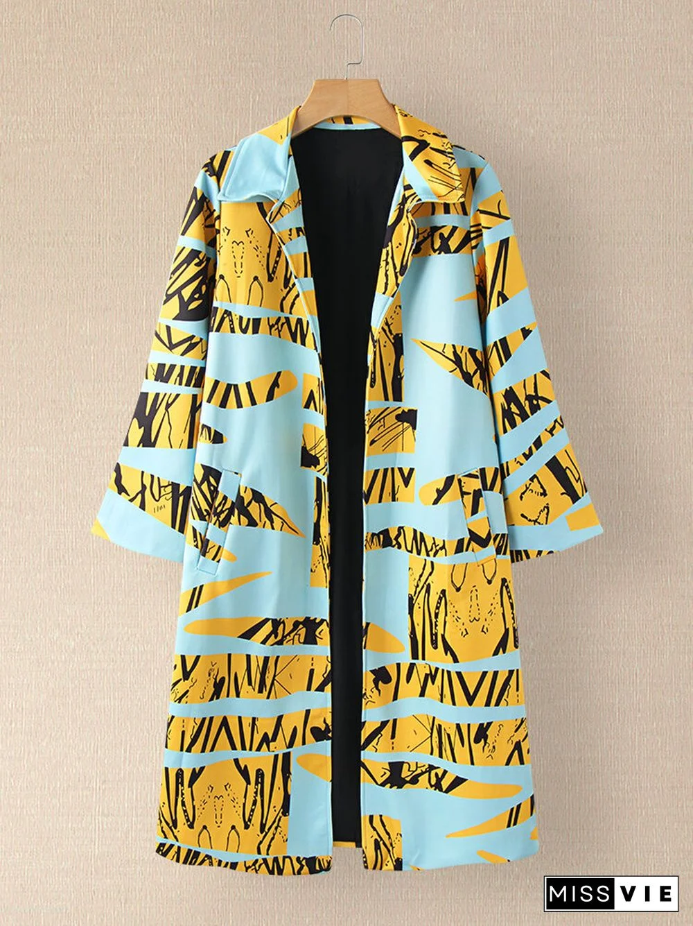 Striped Graffiti Print Lapel Collar Long Sleeve Coat