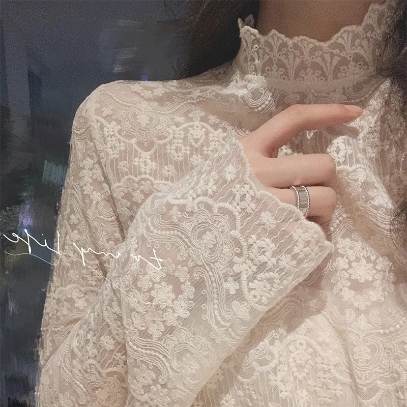 Uveng Uveng New Blouse Shirt Women Half-High Embroidered Delicate Inner Lace-Up Yarn Top