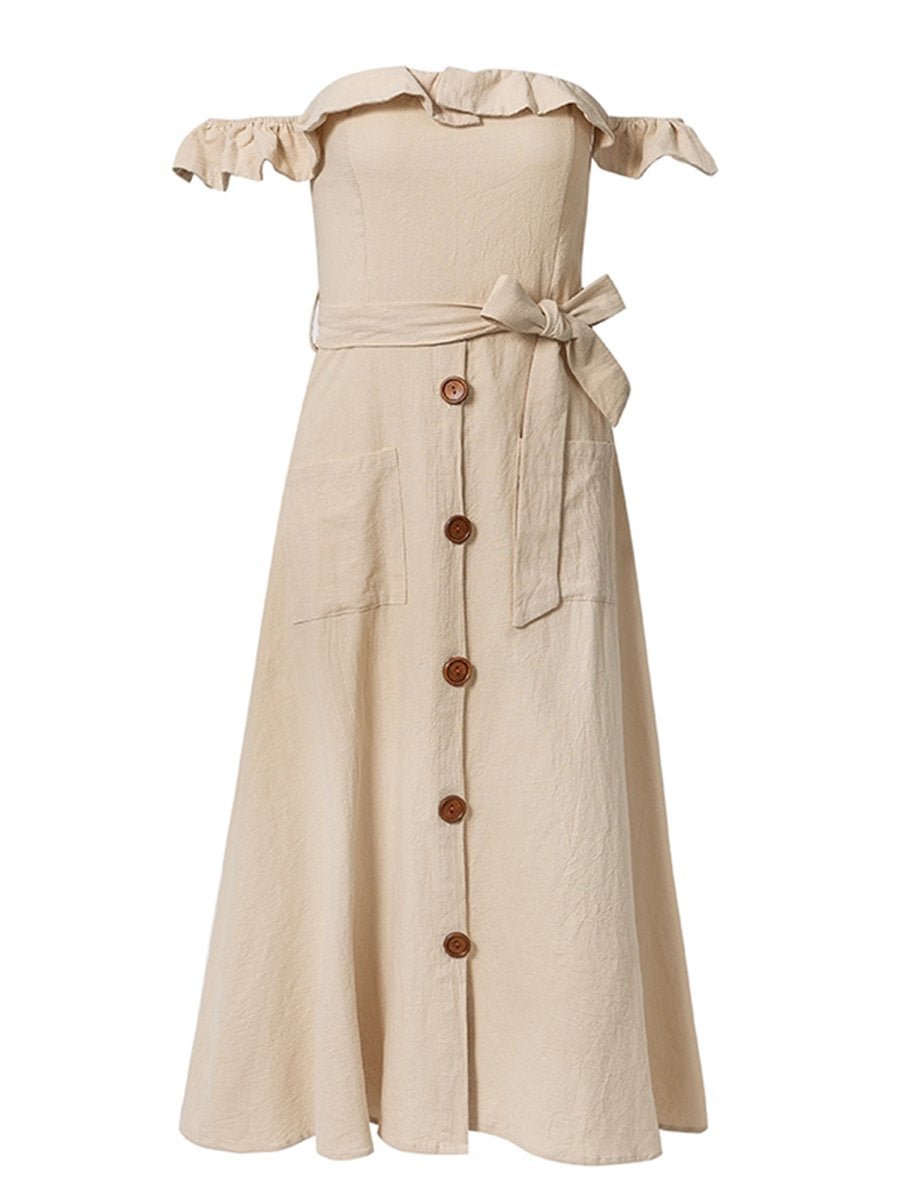 Casual Off-shoulder Dress Ruffled A-line Slim Dress