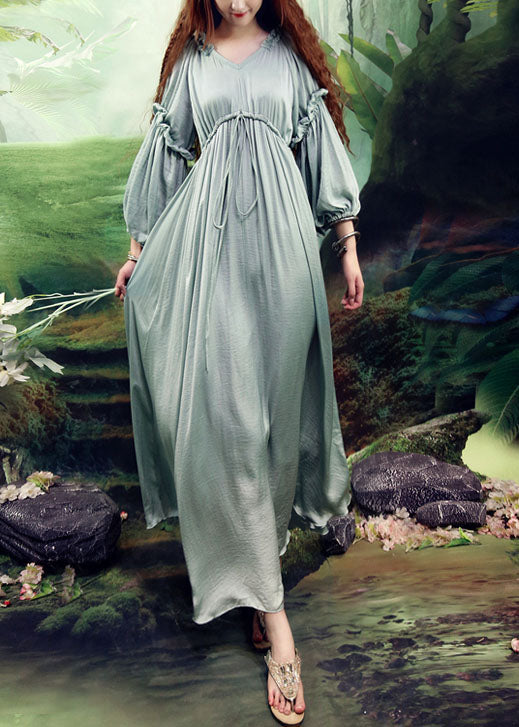 VCSHOES Light Green V Neck Wrinkled Cinched Silk Long Dresses Spring
