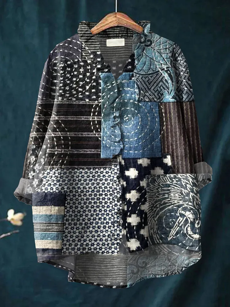 Women's Vintage Geometric Patchwork Pattern Art Print Casual Cotton And Linen Ruffle Shirt