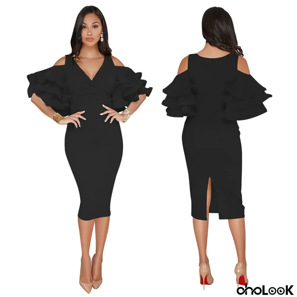 Women Sexy Ruffle Sleeve Off-Shoulder Slit Dress