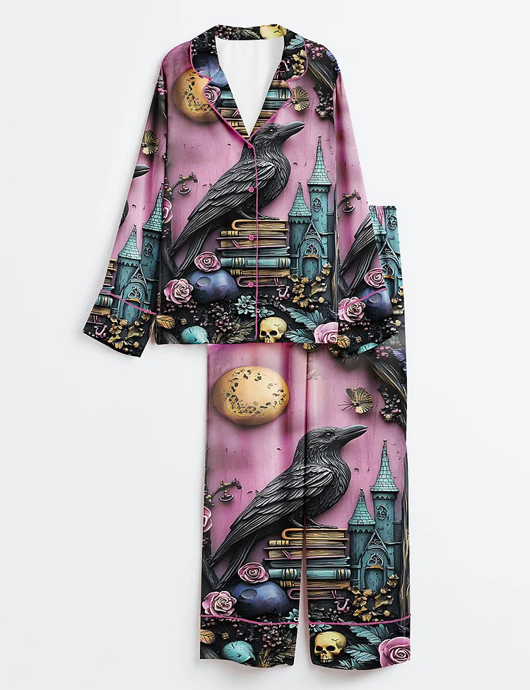 Women's Gothic Purple Bookshelf Dark Academia Witch Skull Floral Book Lover Long Sleeve Satin Pajama Set