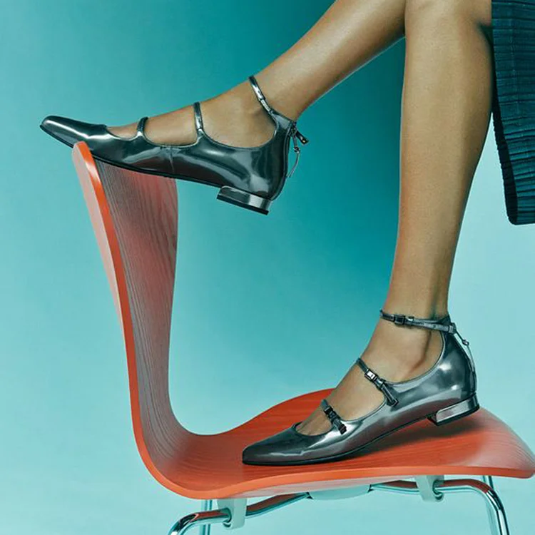 Grey Pointy Toe Zipper Flat Pump Women'S Classic Strappy Buckle Shoes Casual Flats |FSJ Shoes