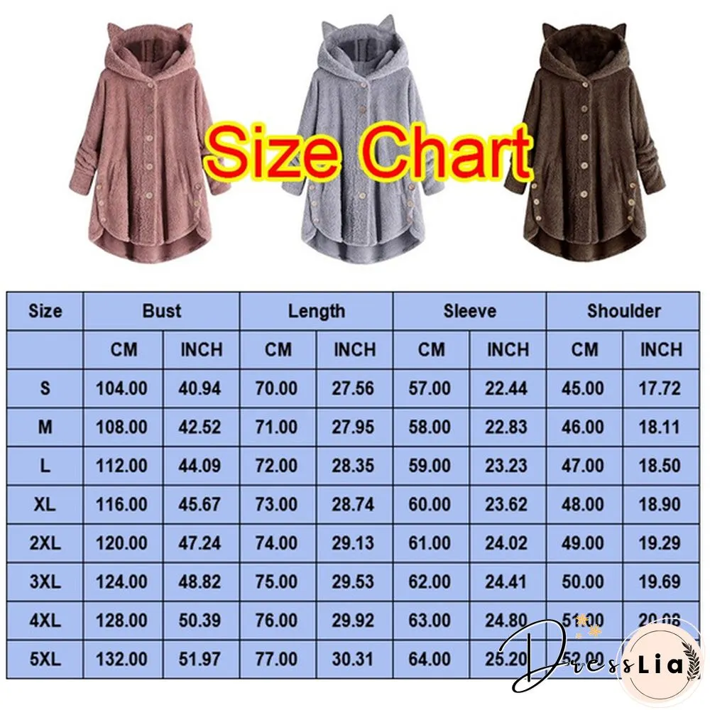 Fashion Women Coats Autumn Winter Outwear Tops Solid Color Plush Loose Cute Cat Ears Warm Fur Cardigan Coat with Pocket Plus Size S-5XL