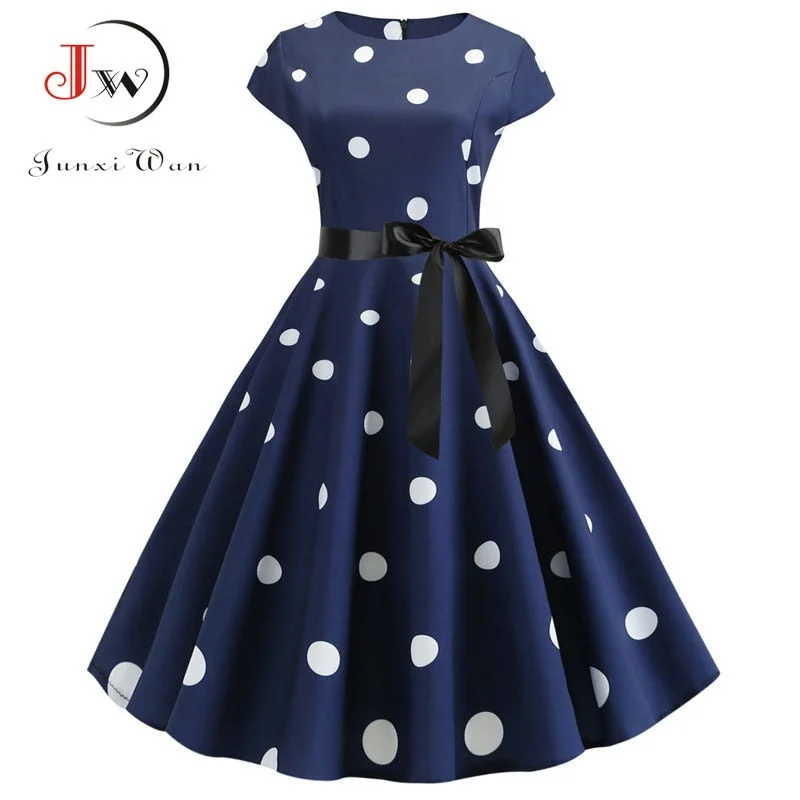 Short Sleeve Polka Dot Summer Dress Women White Elegant A-line Midi Party Dress Vestidos 50s 60s Rockabilly Vintage Dress