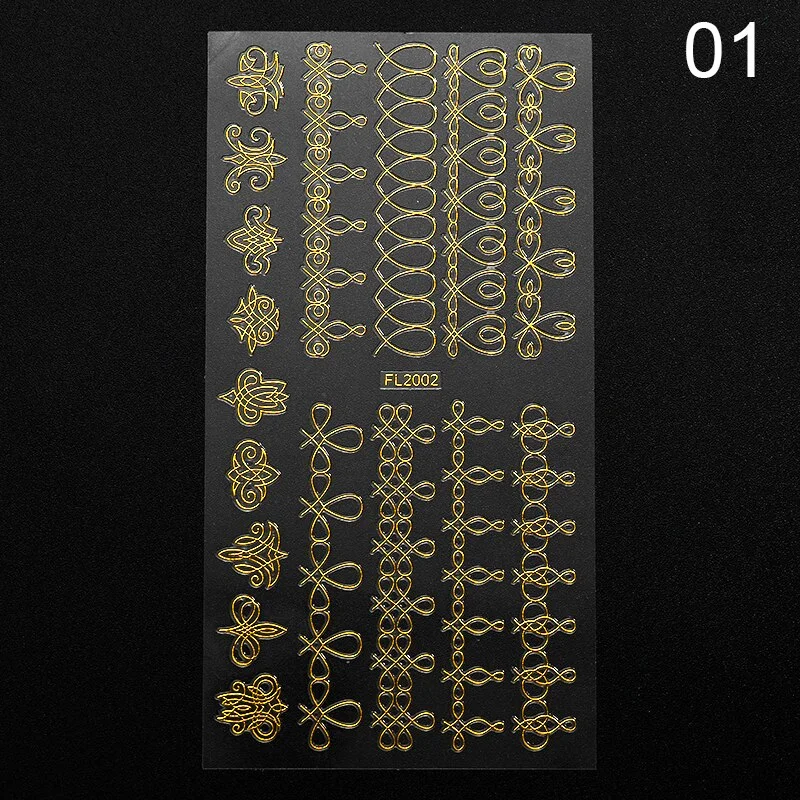 1PC Gold Black White Linear Nail Sticker Mix Pattern Transfer Various 3D Adhesive Decals Nail Decoration DIY Design