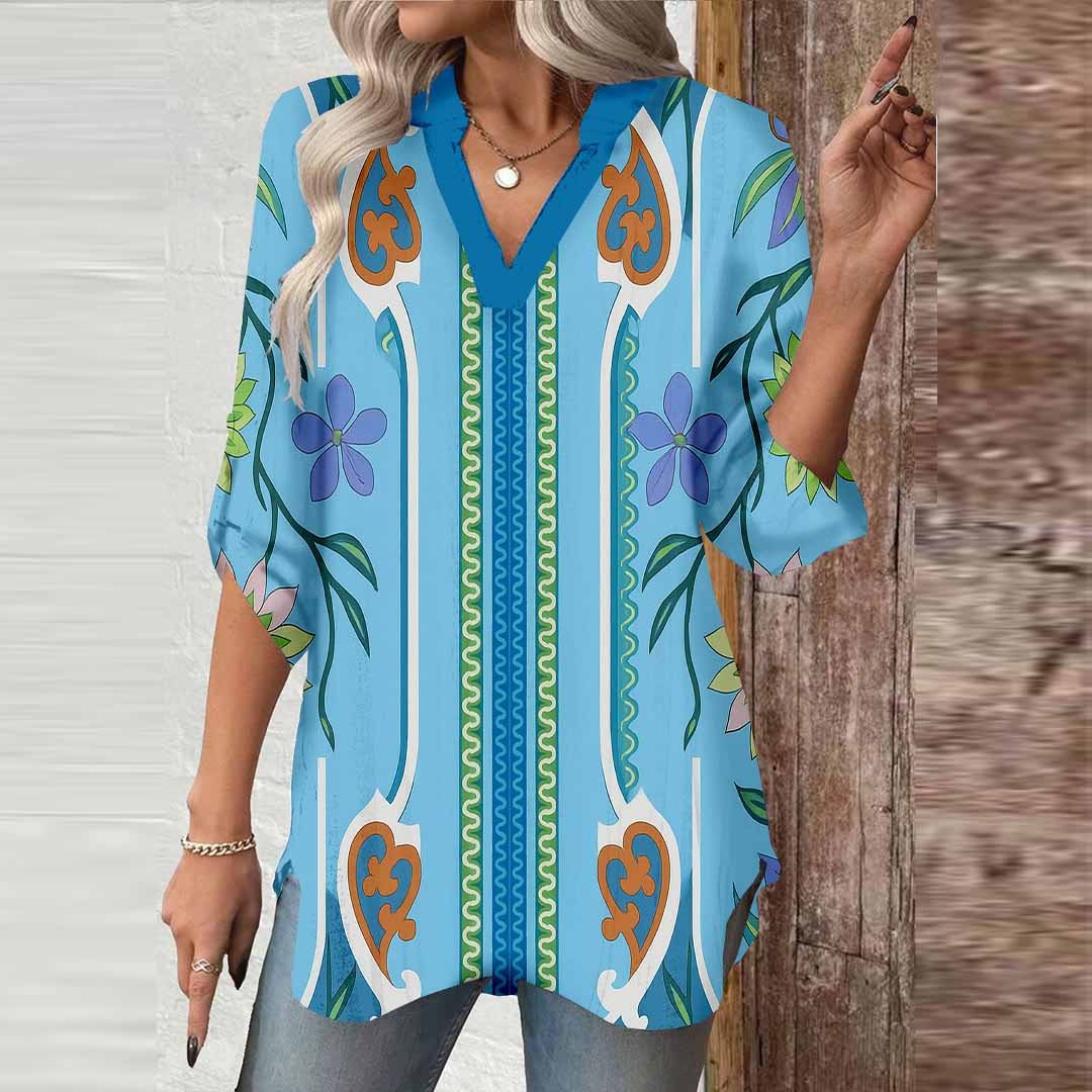 Women Artistic,Blue DZGA0270 3/4 Sleeve V-neck Printed Graphic Button Tops