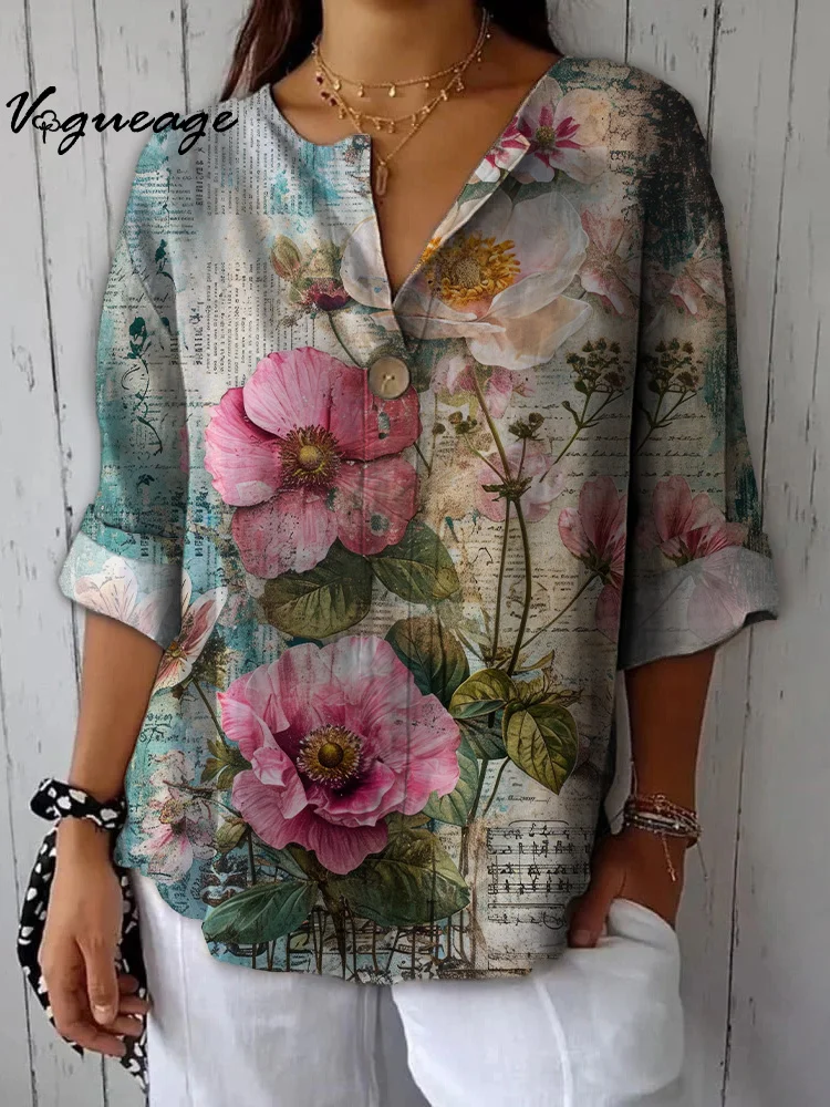 Retro Gentle And Elegant Flowers Printed Cotton And Linen Shirt