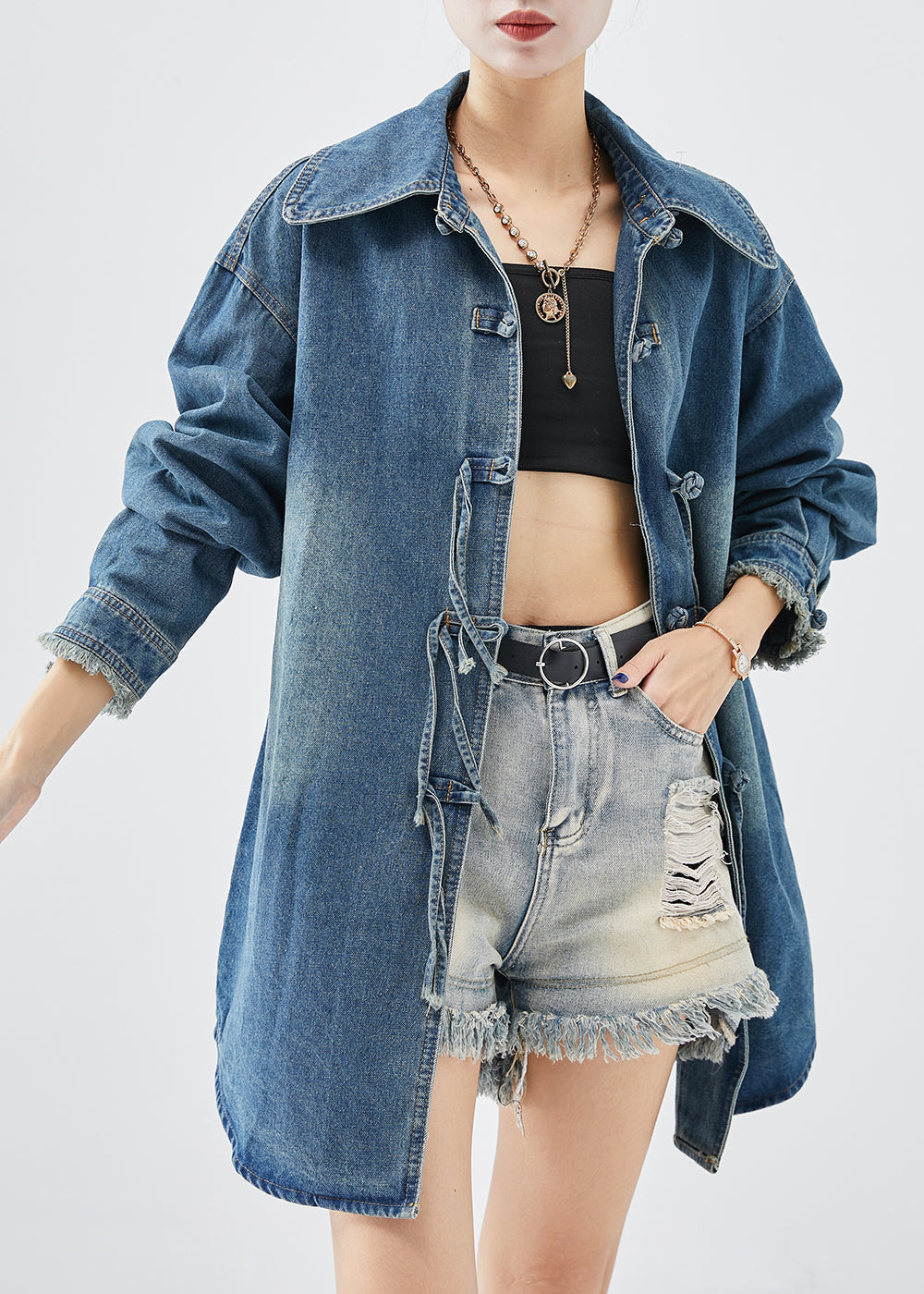 VCSHOES Blue Tasseled Chinese Button Denim Coats Fall