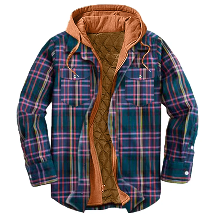 Mens Sherpa Fleece Casual Plaid Hooded Jackets