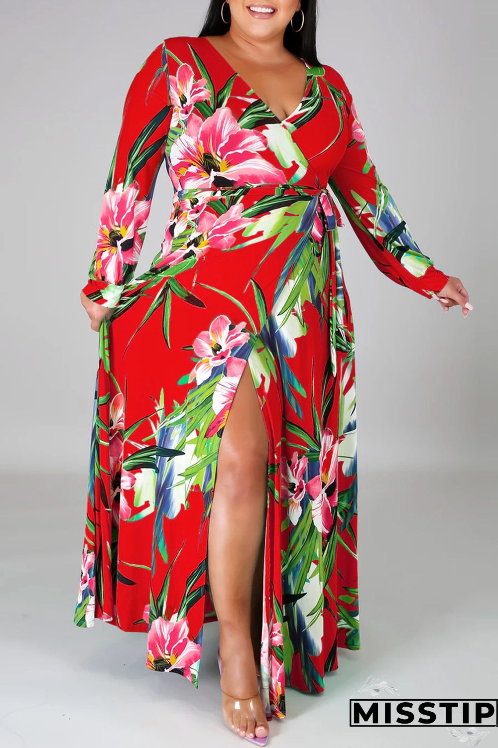 Black Fashion Casual Print Bandage Slit V Neck Long Sleeve Plus Size Dresses