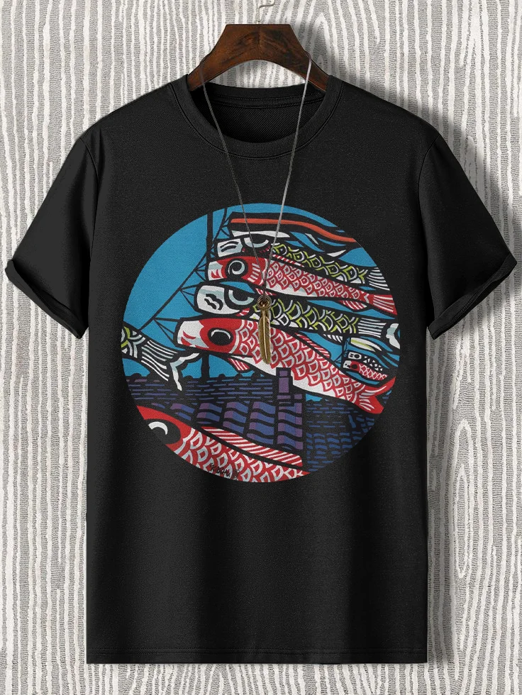 Men's Koinobori Carp Flag Art Print Cotton Casual T-Shirt