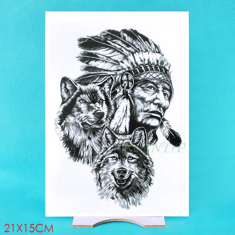 Waterproof Temporary Tattoo Sticker Wolf Indian Tribal Mighty Warrior Man Tatto Flash Tattoos Black Big Size Tatoo for Men Women