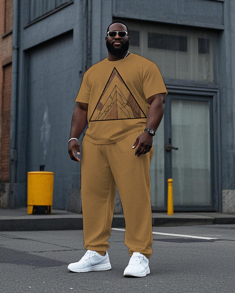 Big Men's Simple Retro Triangle Pattern Printed Short Sleeve T-shirt Pants 2-Piece Set