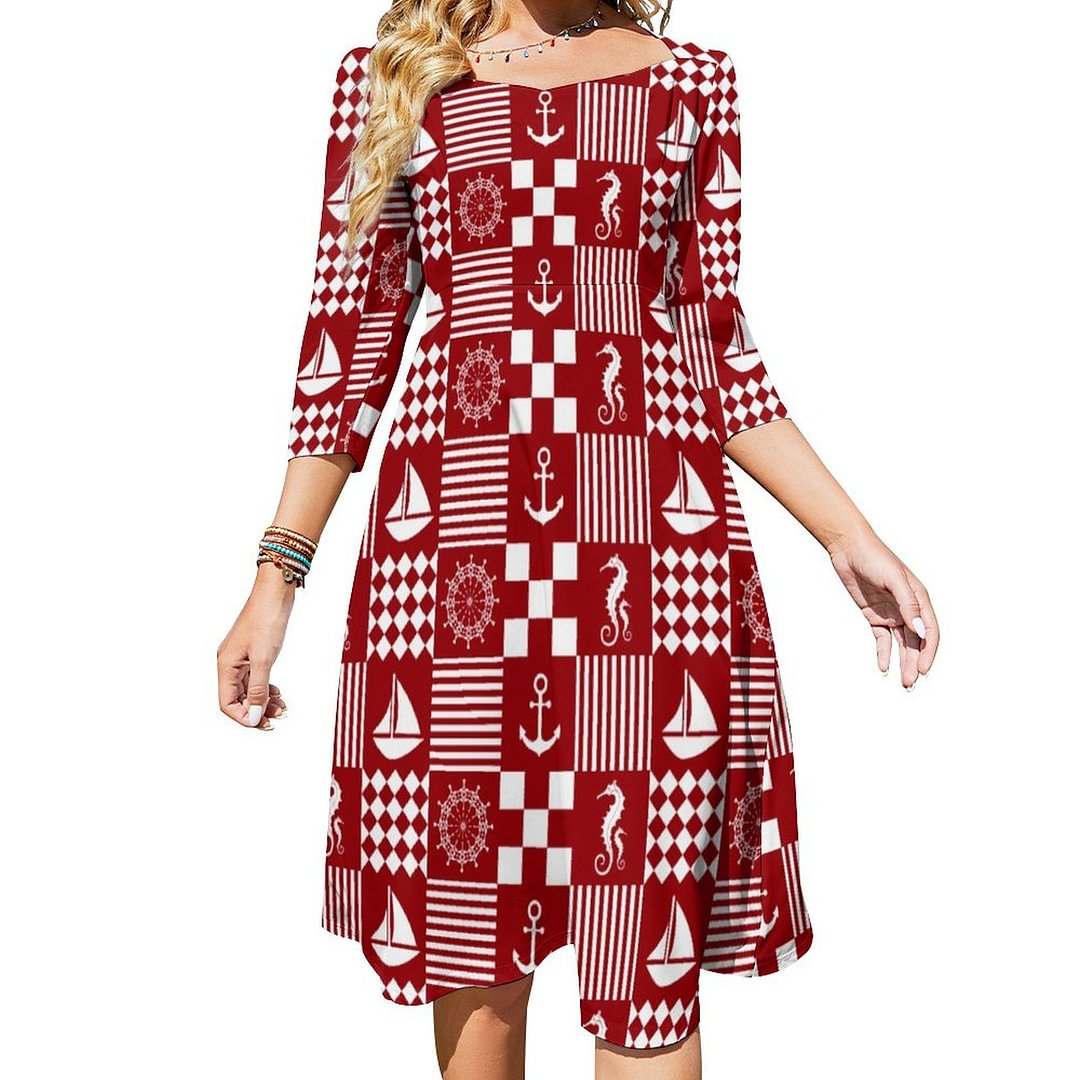 Red Nautical Patchwork Pattern Dress Sweetheart Tie Back Flared 3/4 Sleeve Midi Dresses