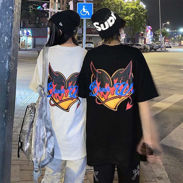 Girlfriend Boyfriend Devil Flame Love Print T-Shirt - Modakawa Modakawa